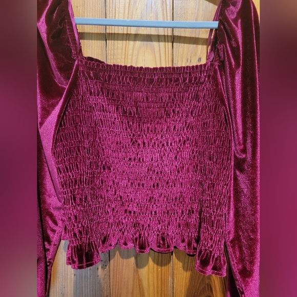Bagatelle Velvet Burgundy Smocked Blouse - Picture 4 of 13